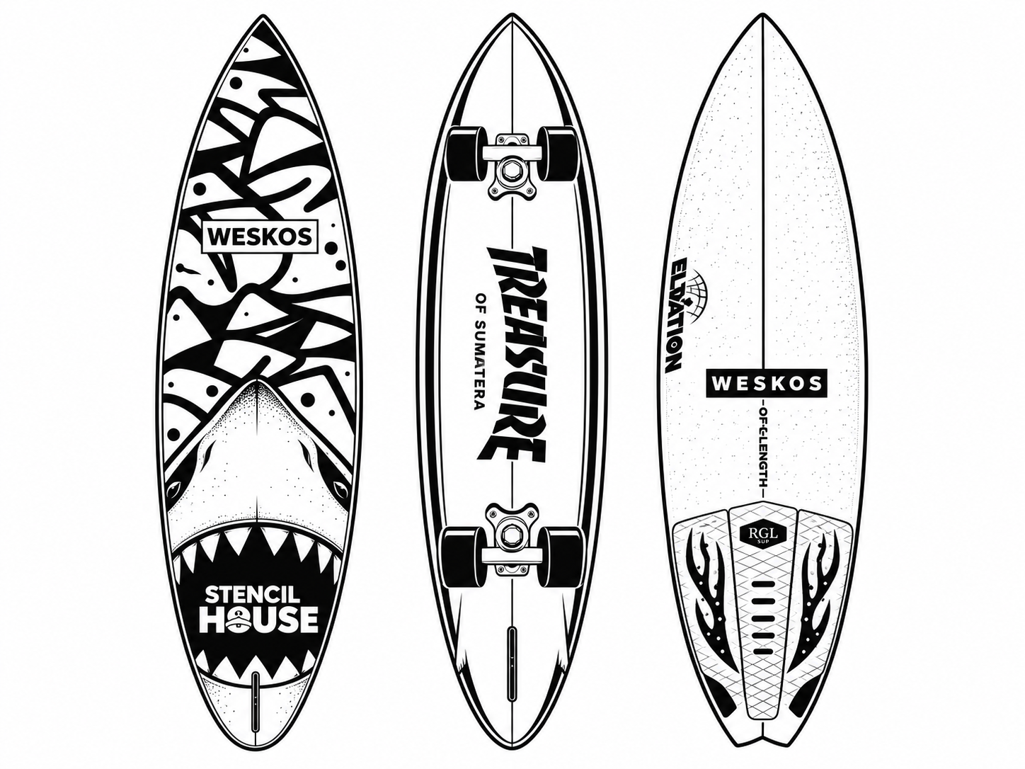 Three monochrome Weskos surfboard artwork designs